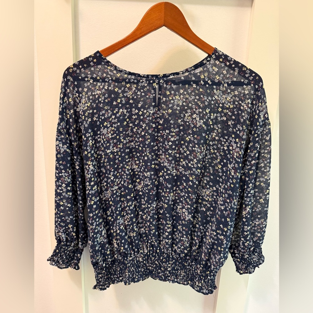Shear Navy Floral Smocked Hem Women's Blouse